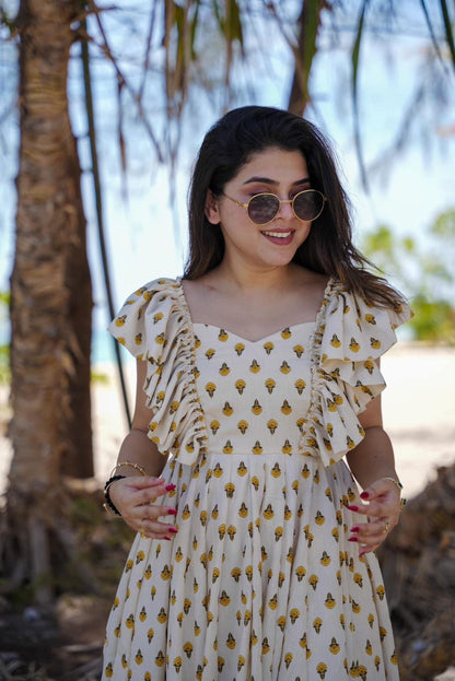 Aurevia Yellow Bloom Ruffle Midi Dress