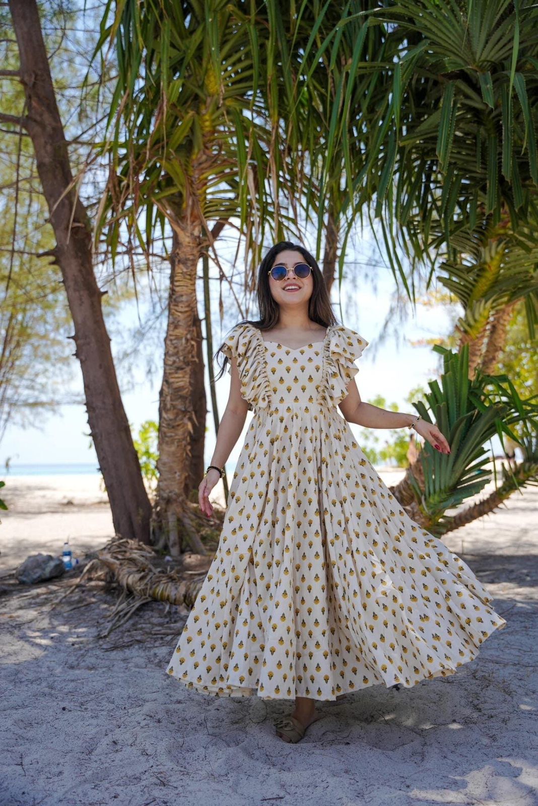 Aurevia Yellow Bloom Ruffle Midi Dress