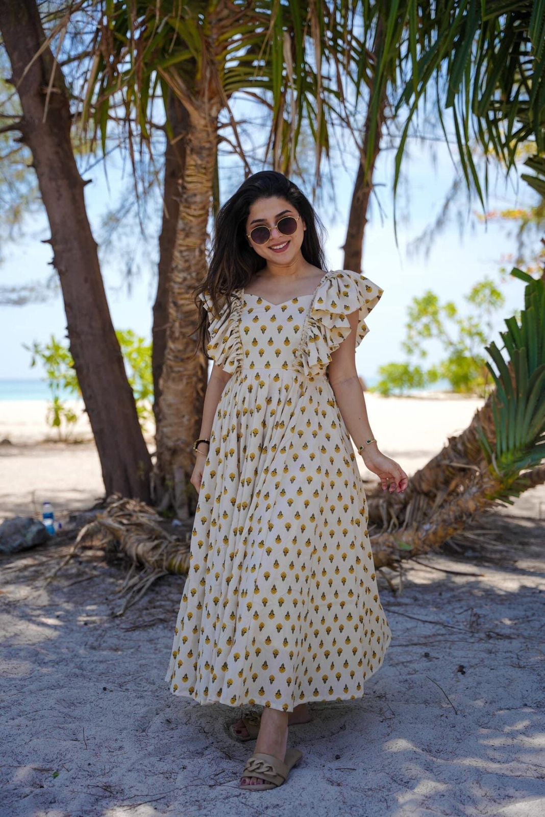 Aurevia Yellow Bloom Ruffle Midi Dress