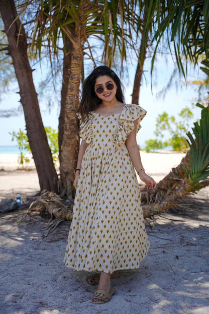 Aurevia Yellow Bloom Ruffle Midi Dress