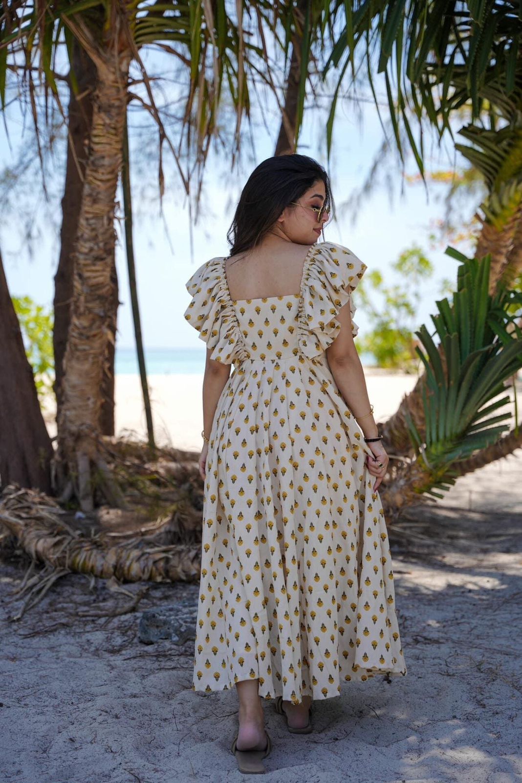 Aurevia Yellow Bloom Ruffle Midi Dress
