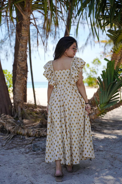 Aurevia Yellow Bloom Ruffle Midi Dress