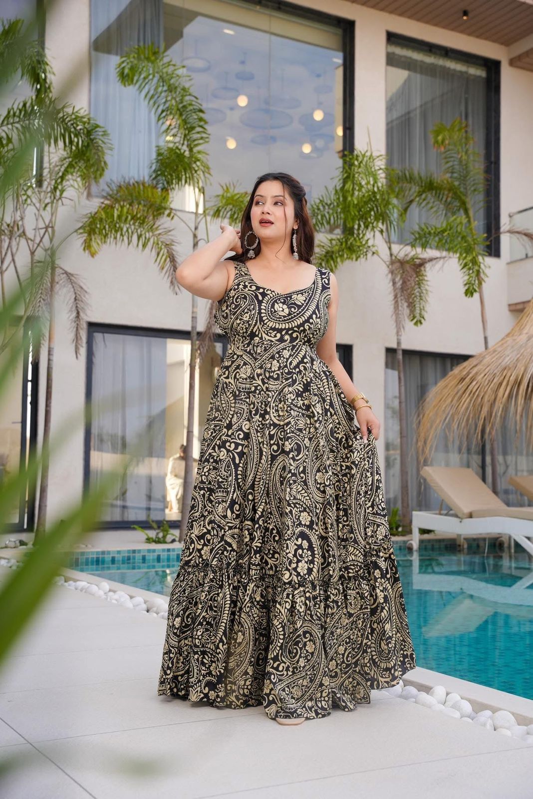 Aurevia Noir Paisley Elegance Maxi Dress