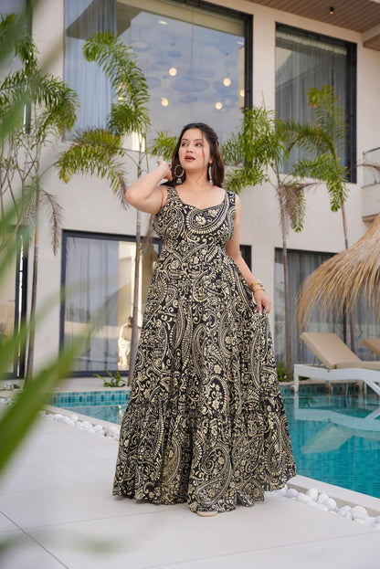 Aurevia Noir Paisley Elegance Maxi Dress
