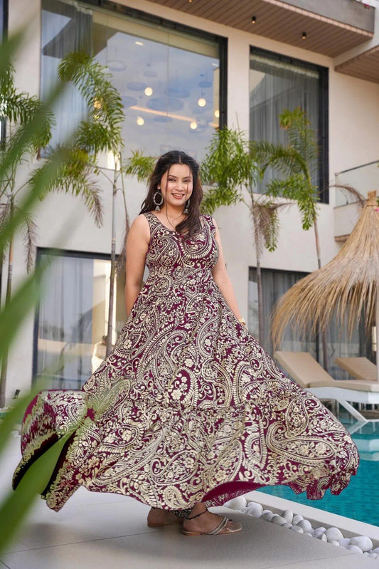 Aurevia Wine Paisley Grace Maxi Dress