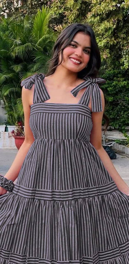 Aurevia Charcoal Gray Stripe Tie-Up Midi Dress