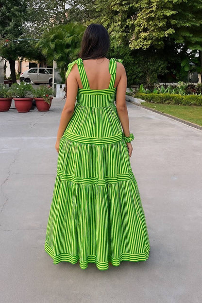 Aurevia Lime Stripe Tie-Up Midi Dress