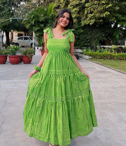Aurevia Lime Stripe Tie-Up Midi Dress
