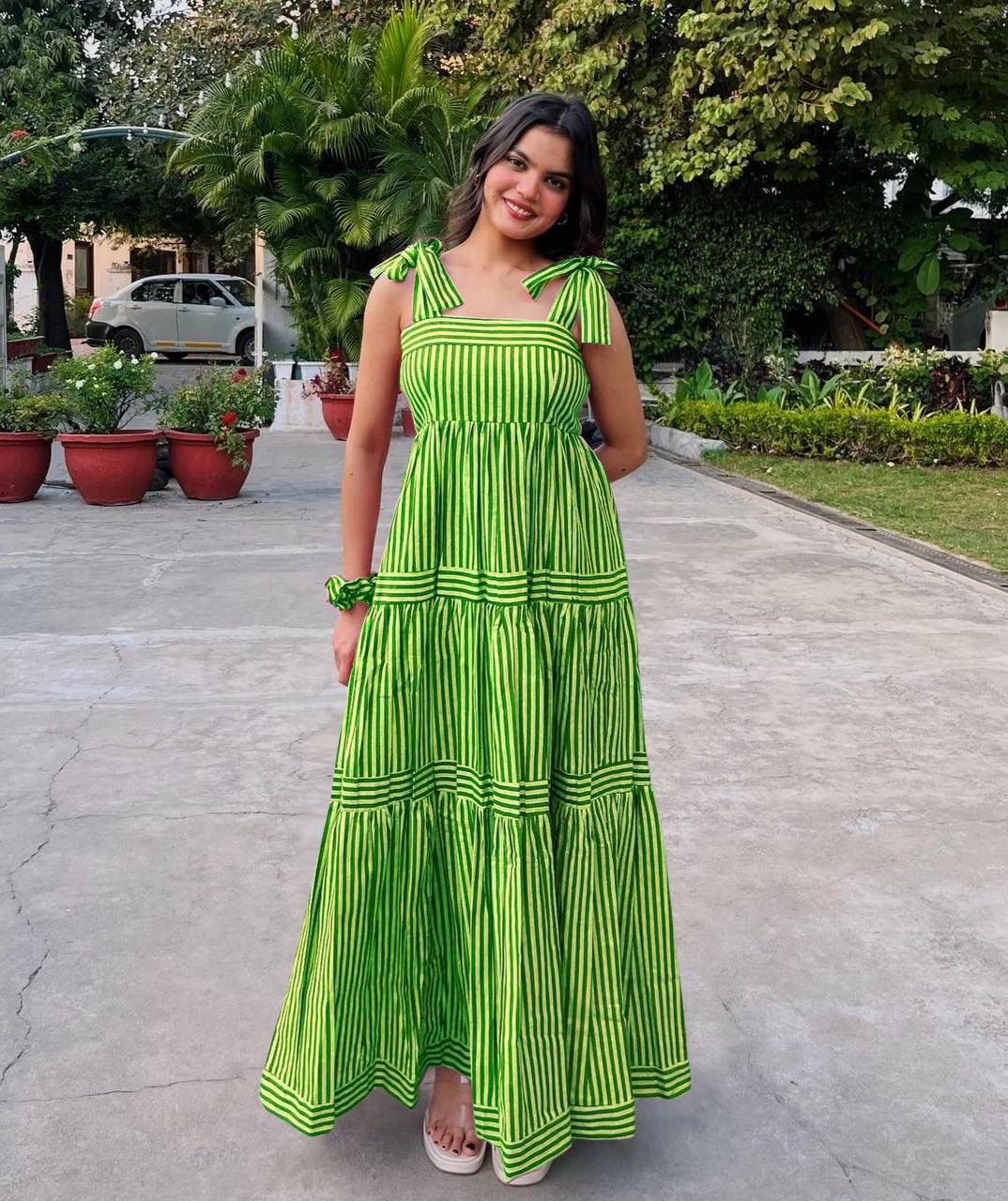 Aurevia Lime Stripe Tie-Up Midi Dress