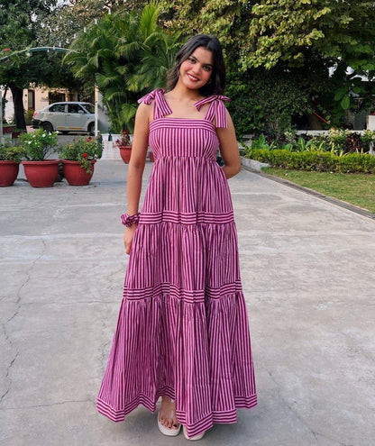 Aurevia Rose Stripe Tie-Up Midi Dress