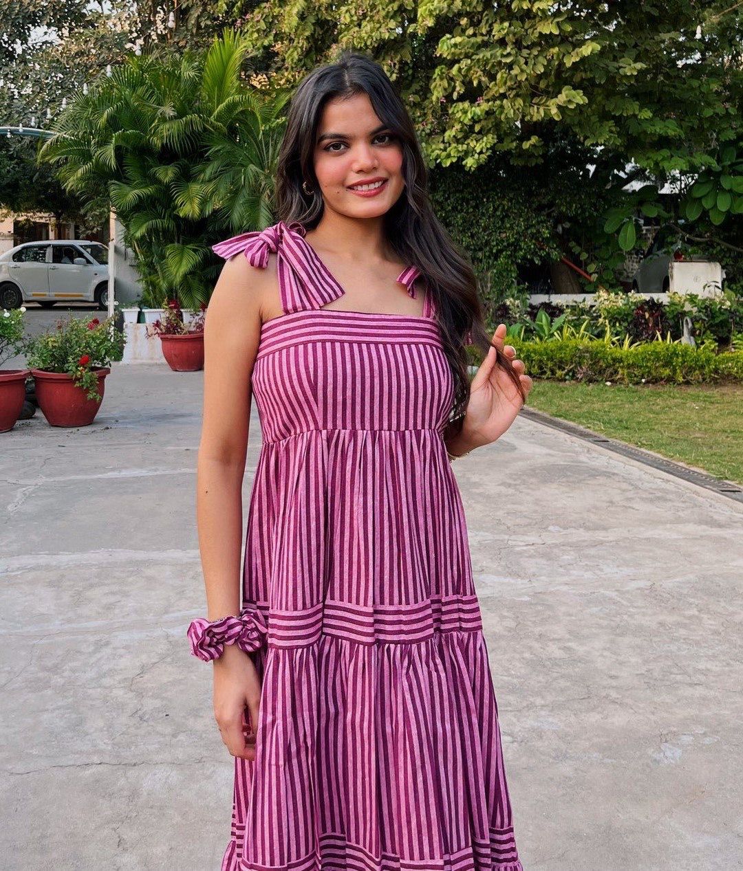 Aurevia Rose Stripe Tie-Up Midi Dress