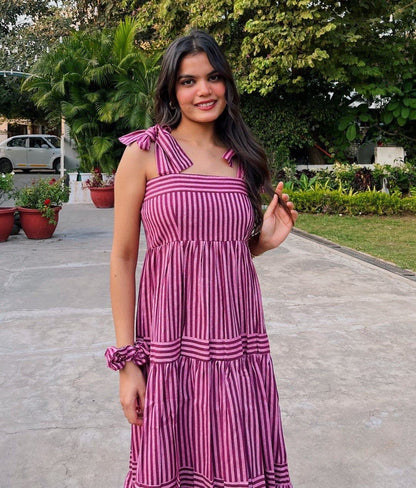 Aurevia Rose Stripe Tie-Up Midi Dress