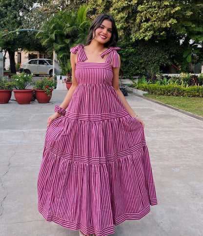 Aurevia Rose Stripe Tie-Up Midi Dress