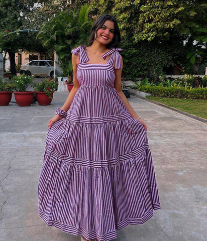 Aurevia Plum Stripe Tie-Up Midi Dress