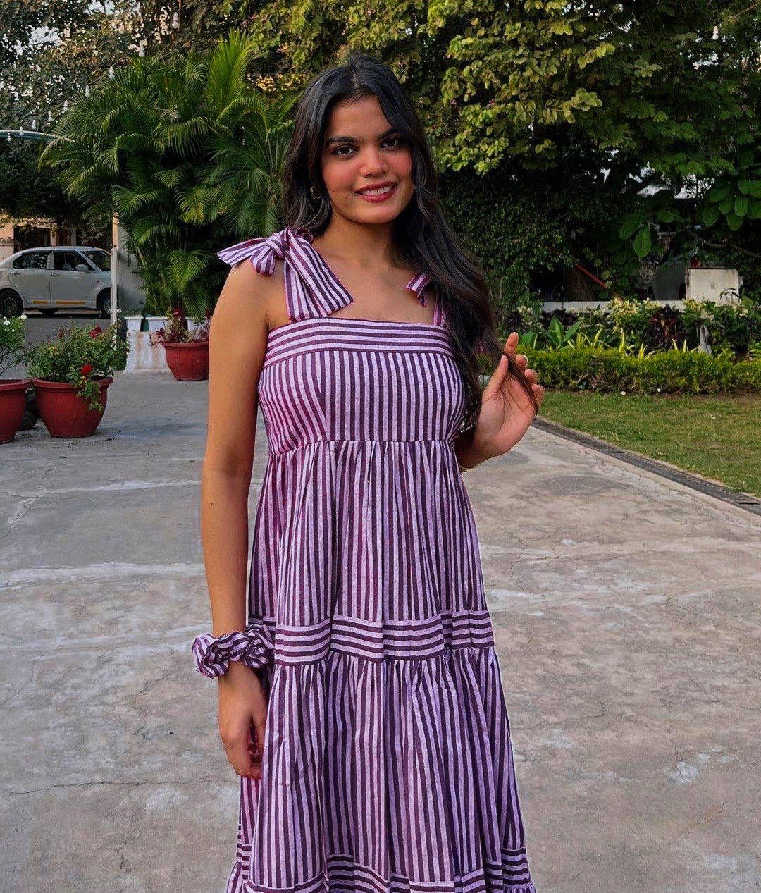 Aurevia Plum Stripe Tie-Up Midi Dress