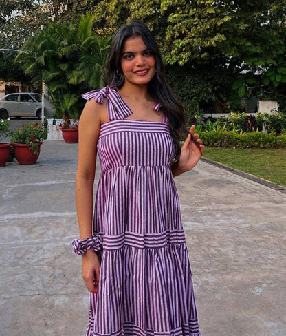 Aurevia Plum Stripe Tie-Up Midi Dress