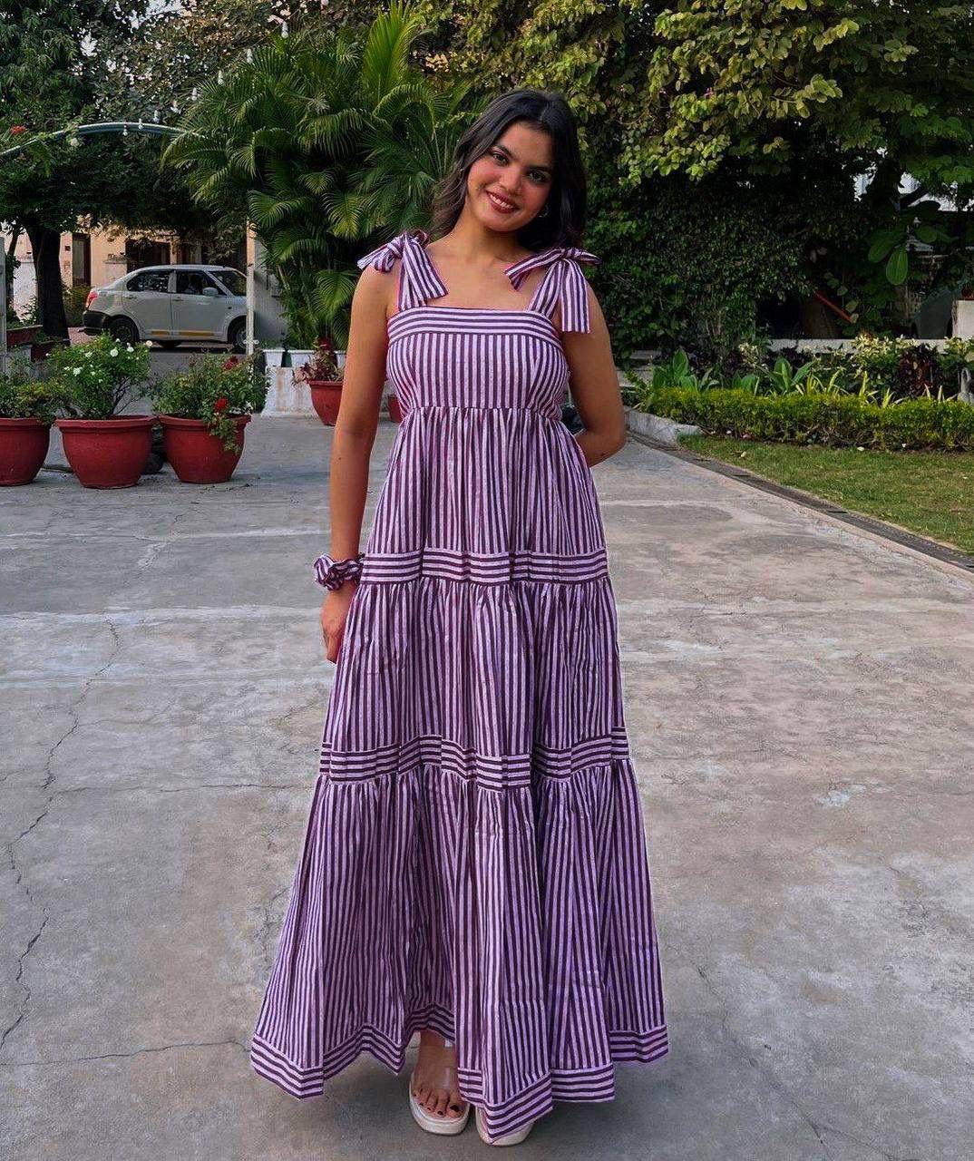Aurevia Plum Stripe Tie-Up Midi Dress