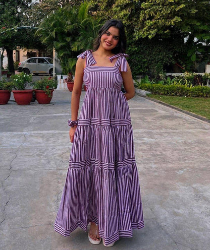 Aurevia Plum Stripe Tie-Up Midi Dress