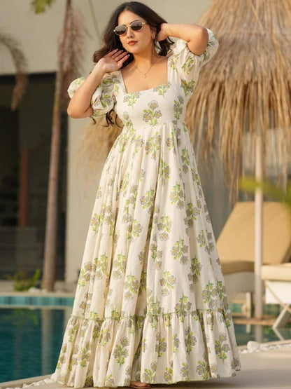 Sangria Floral Print Puff Sleeve Fit & Flare Maxi Dress