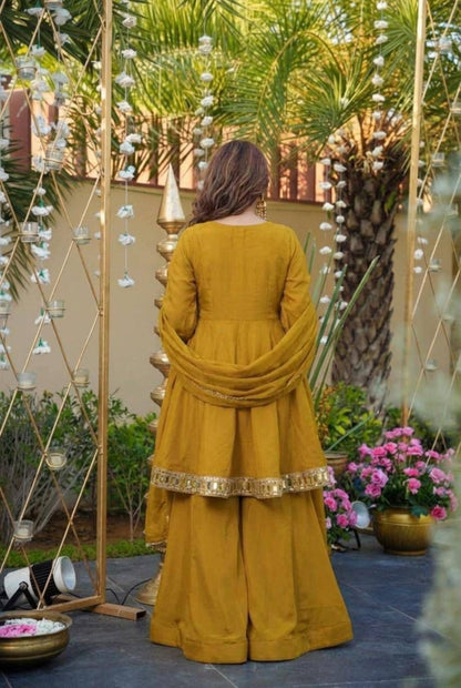 Aurevia Mustard Mirror Embroidered Sharara Set