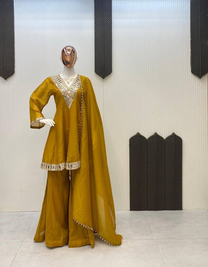 Aurevia Mustard Mirror Embroidered Sharara Set