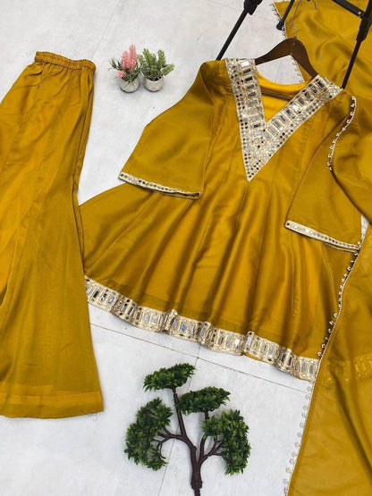 Aurevia Mustard Mirror Embroidered Sharara Set