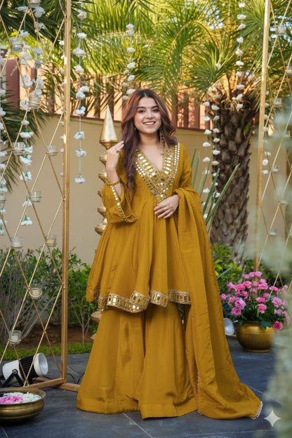 Aurevia Mustard Mirror Embroidered Sharara Set