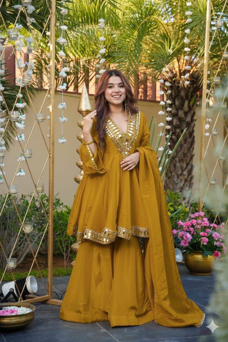 Aurevia Mustard Mirror Embroidered Sharara Set