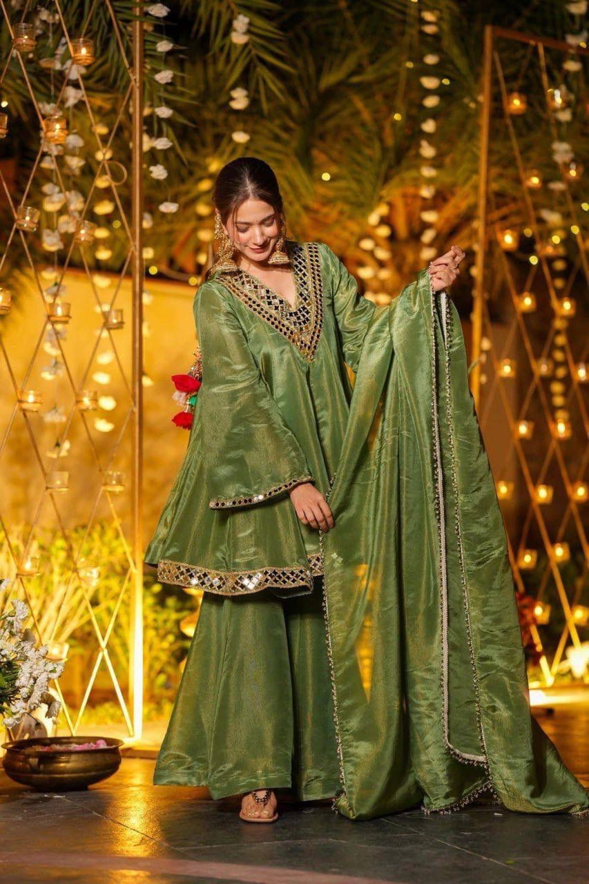 Aurevia Sage Green Festive Sharara Set