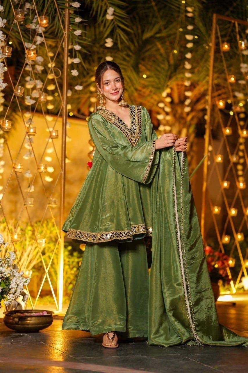 Aurevia Sage Green Festive Sharara Set