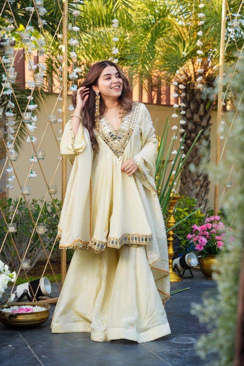 Aurevia Ivory Mirror Work Sharara Set