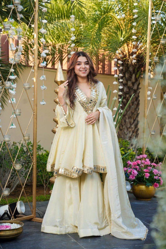 Aurevia Ivory Mirror Work Sharara Set