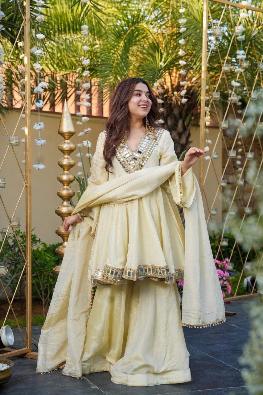 Aurevia Ivory Mirror Work Sharara Set