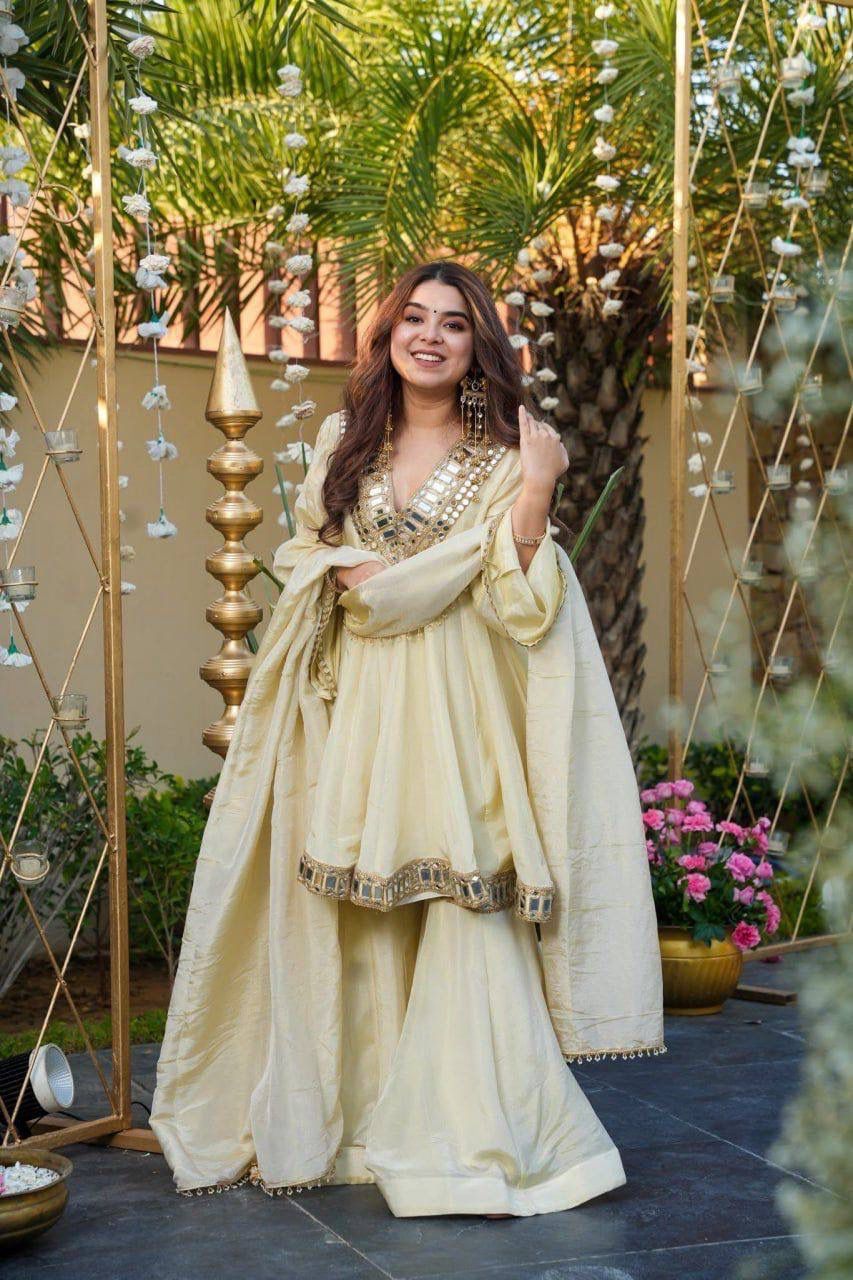 Aurevia Ivory Mirror Work Sharara Set