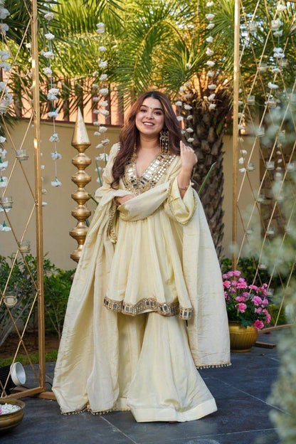 Aurevia Ivory Mirror Work Sharara Set