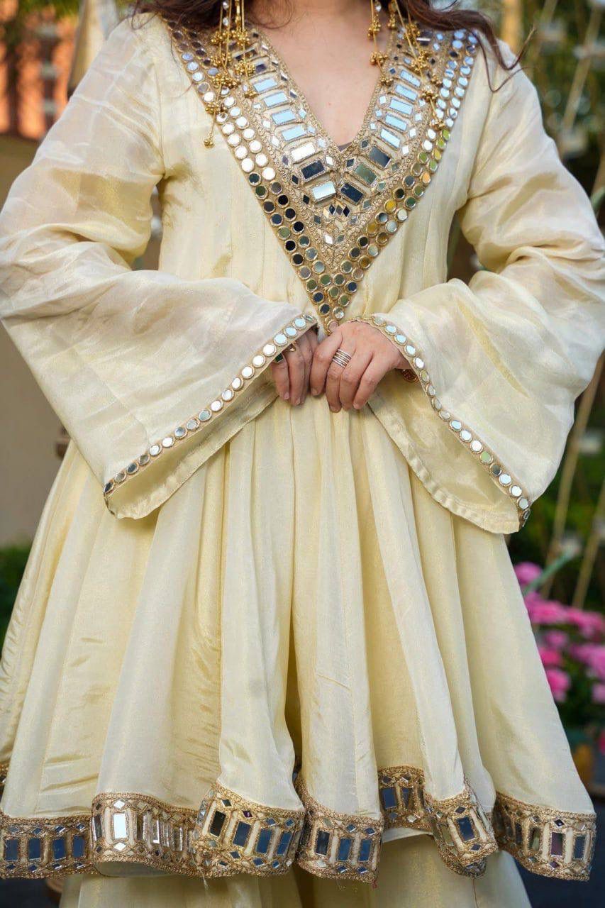 Aurevia Ivory Mirror Work Sharara Set