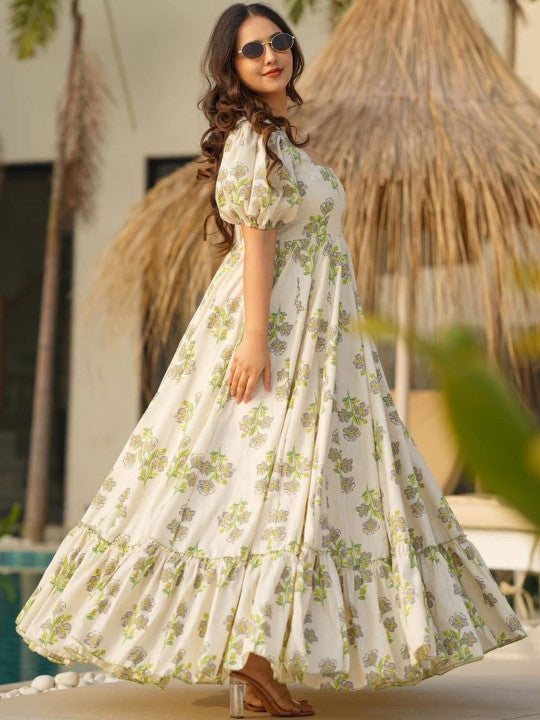 Sangria Floral Print Puff Sleeve Fit & Flare Maxi Dress